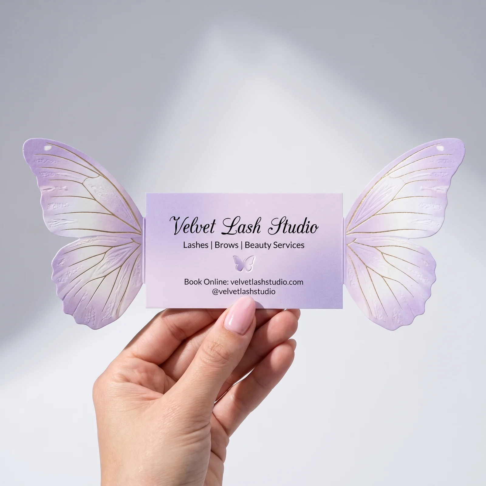 Soft lilac Velvet Lash Studio butterfly business card example